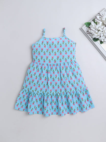 Cotton Sleeveless Floral Motifs Printed Dress - Blue