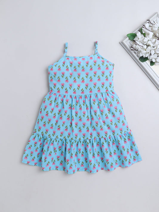 Cotton Sleeveless Floral Motifs Printed Dress - Blue