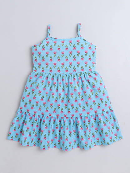 Cotton Sleeveless Floral Motifs Printed Dress - Blue