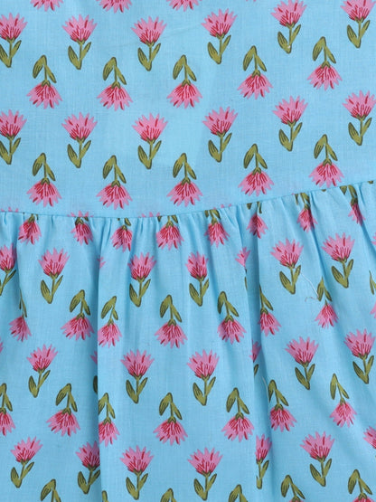 Cotton Sleeveless Floral Motifs Printed Dress - Blue