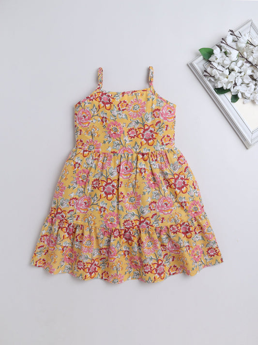 Cotton Sleeveless Floral Printed Dress - Yellow