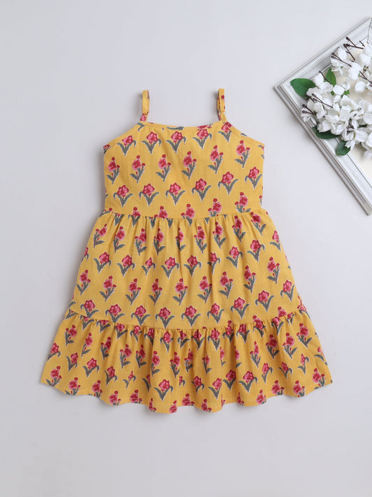 Cotton Sleeveless Floral Motifs Printed Dress - Yellow