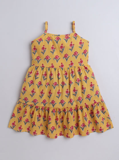 Cotton Sleeveless Floral Motifs Printed Dress - Yellow