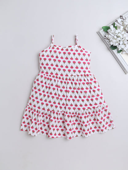 Cotton Sleeveless Floral Motifs Printed Dress - White & Pink