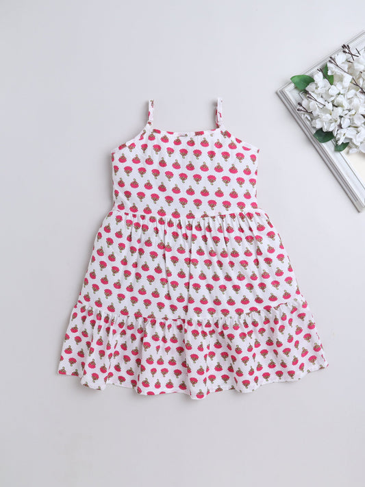 Cotton Sleeveless Floral Motifs Printed Dress - White & Pink