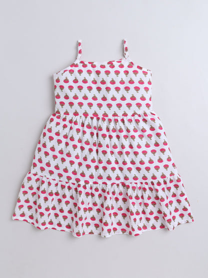 Cotton Sleeveless Floral Motifs Printed Dress - White & Pink