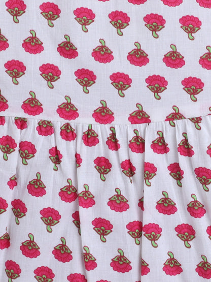 Cotton Sleeveless Floral Motifs Printed Dress - White & Pink