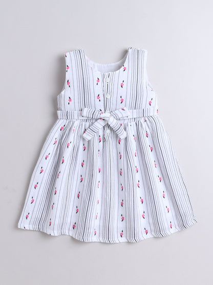 Cotton Sleeveless All Over Printed Fit & Flare Dress- Off White