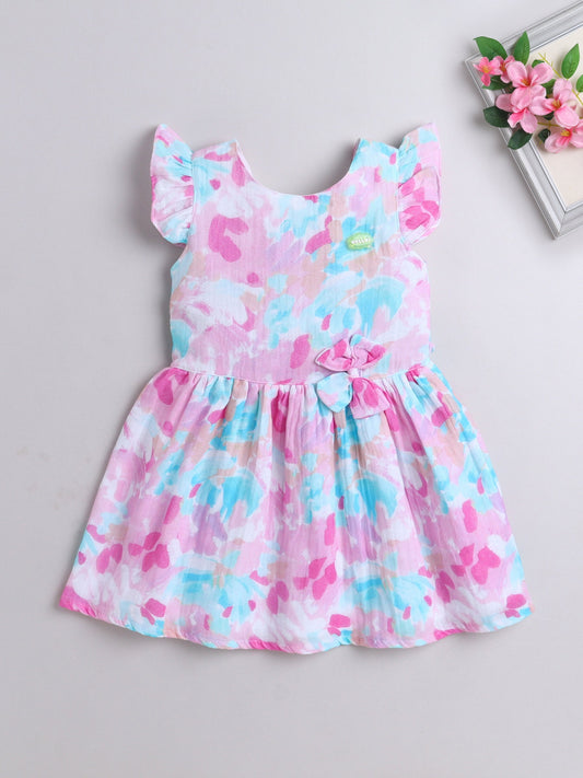 Cotton Frill Sleeves Floral Printed Bow Detail Dress-Pink