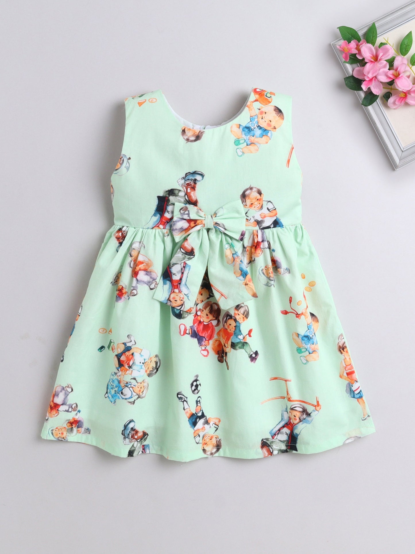 Cotton All Over Printed Sleeveless Bow Detail Dress - Green