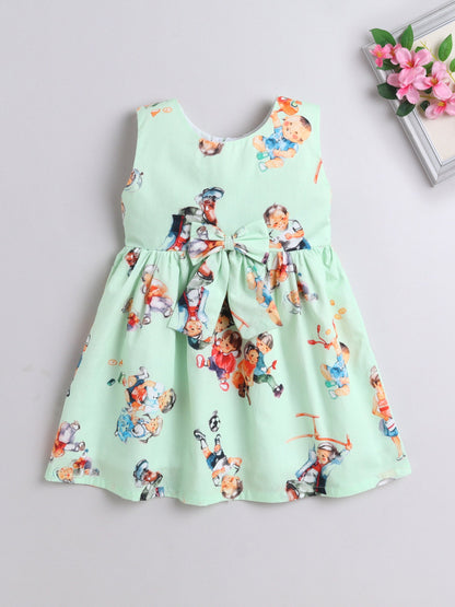 Cotton All Over Printed Sleeveless Bow Detail Dress - Green