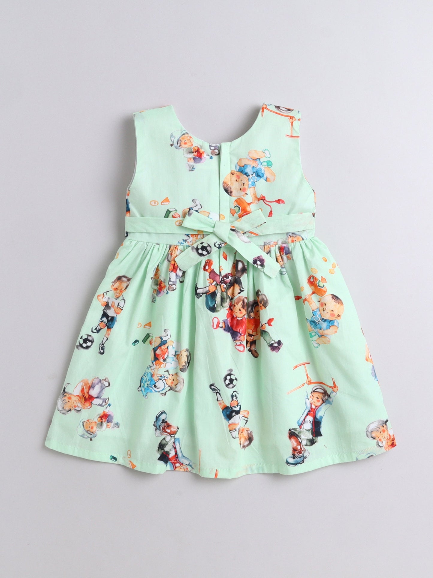 Cotton All Over Printed Sleeveless Bow Detail Dress - Green