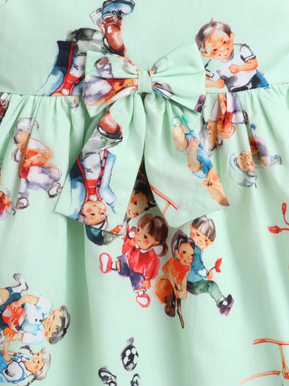 Cotton All Over Printed Sleeveless Bow Detail Dress - Green