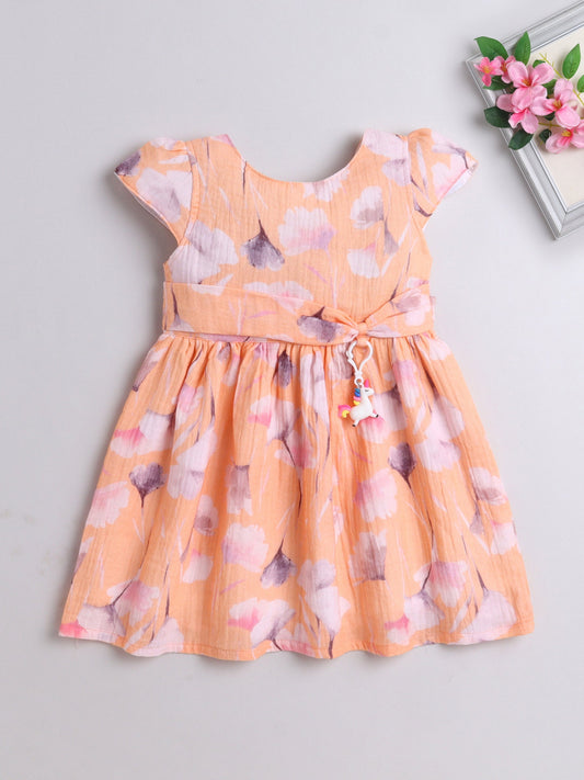 Cotton Floral Printed Cap Sleeves Dress- Peach