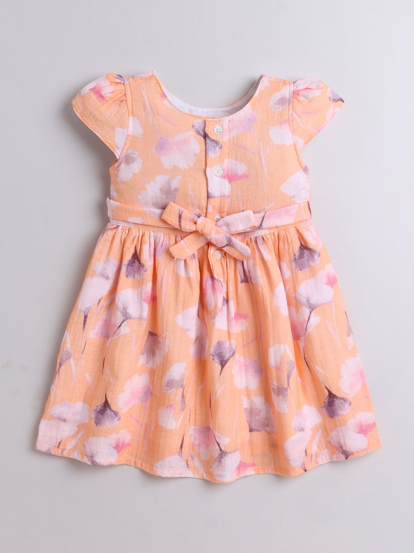 Cotton Floral Printed Cap Sleeves Dress- Peach