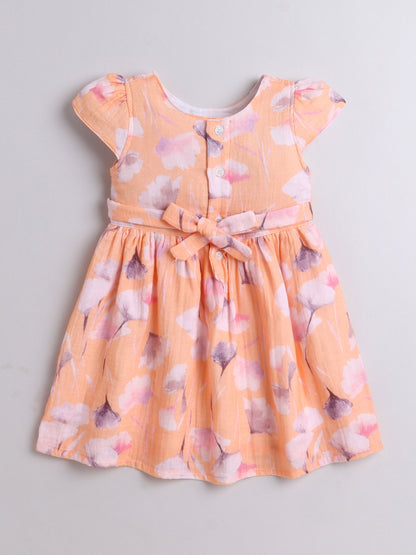 Cotton Floral Printed Cap Sleeves Dress- Peach