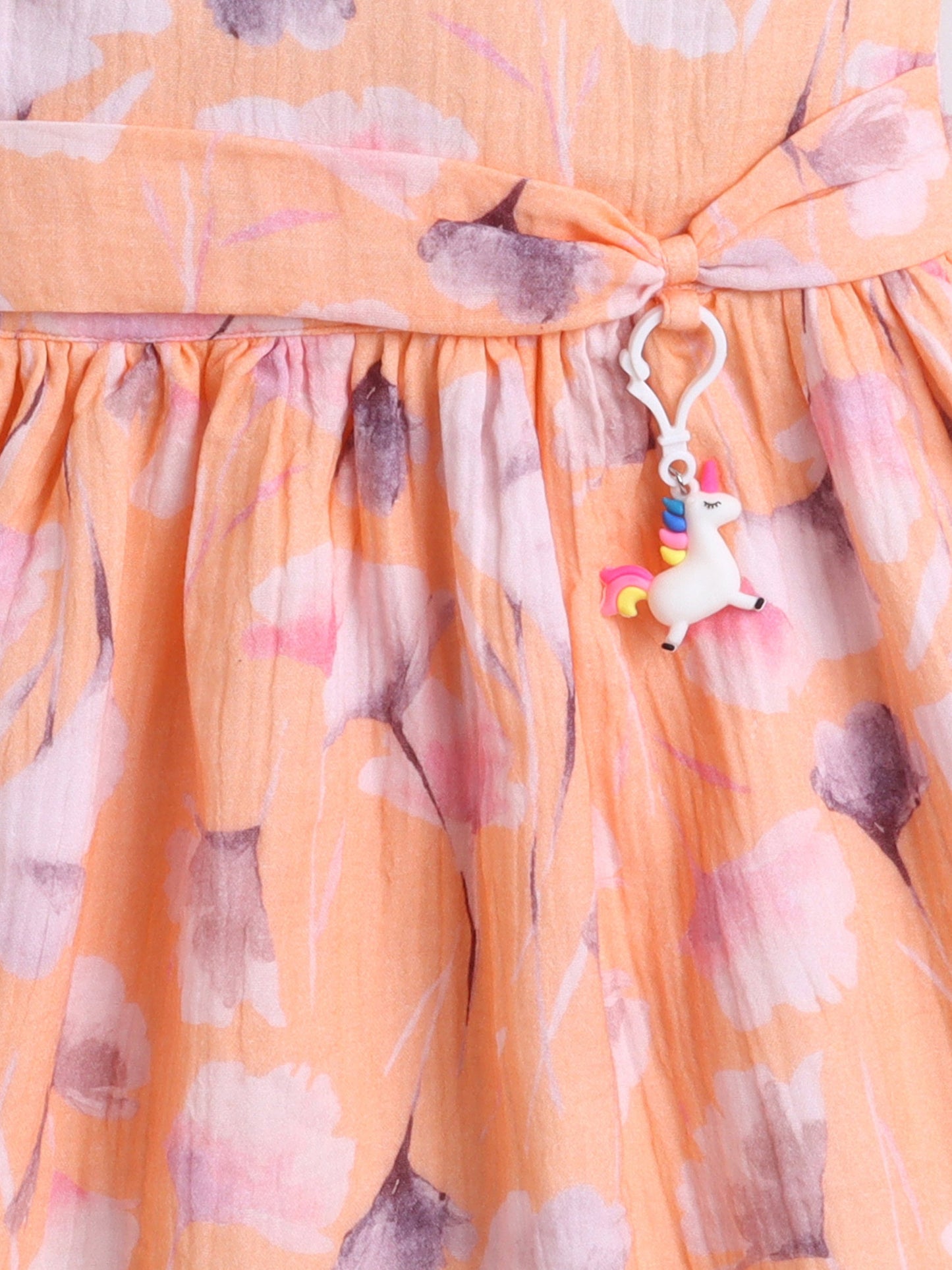 Cotton Floral Printed Cap Sleeves Dress- Peach