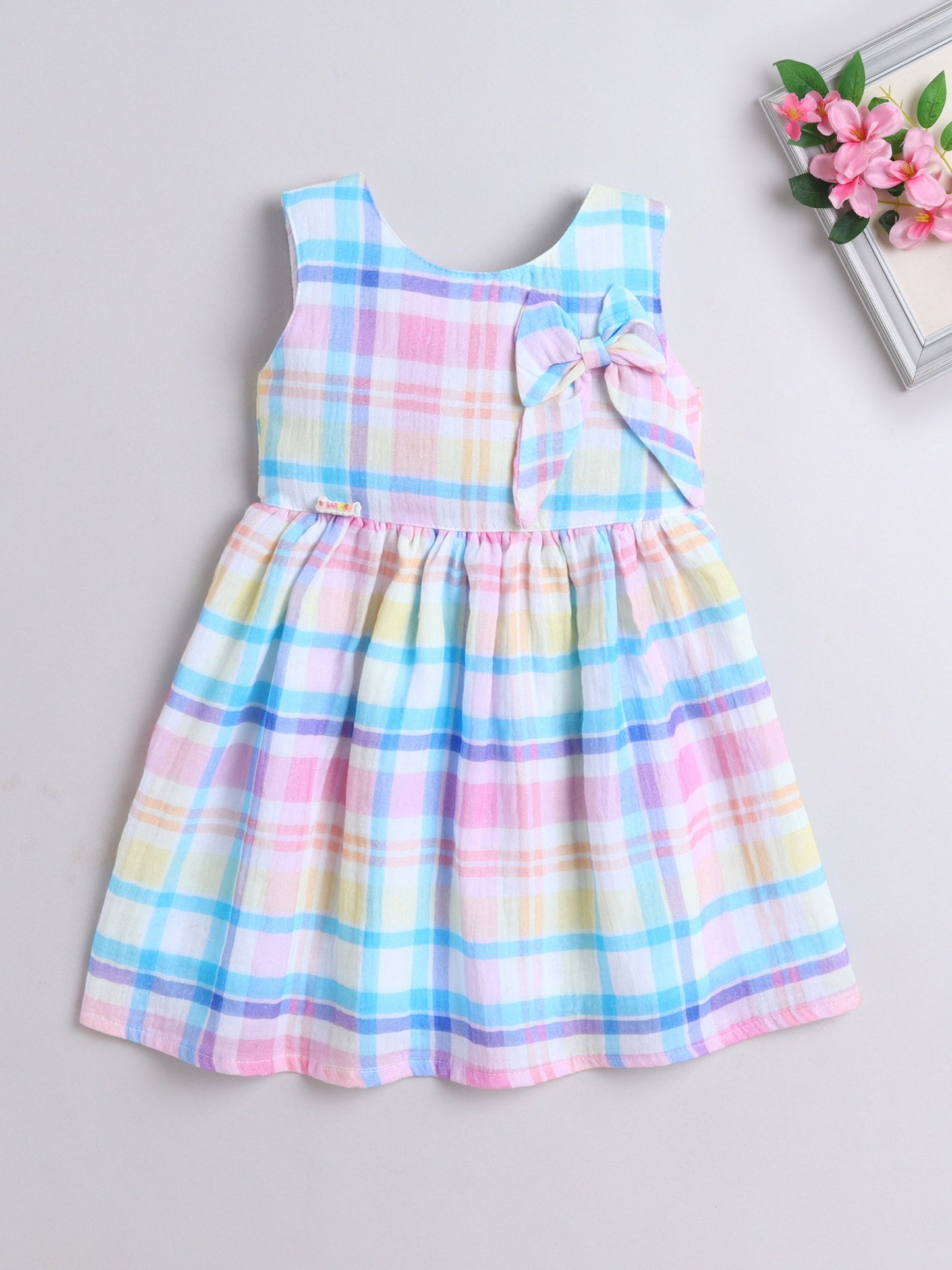 The Magic Wand Cotton Checks Printed Sleeveless Bow Detail Dress- Multi Color