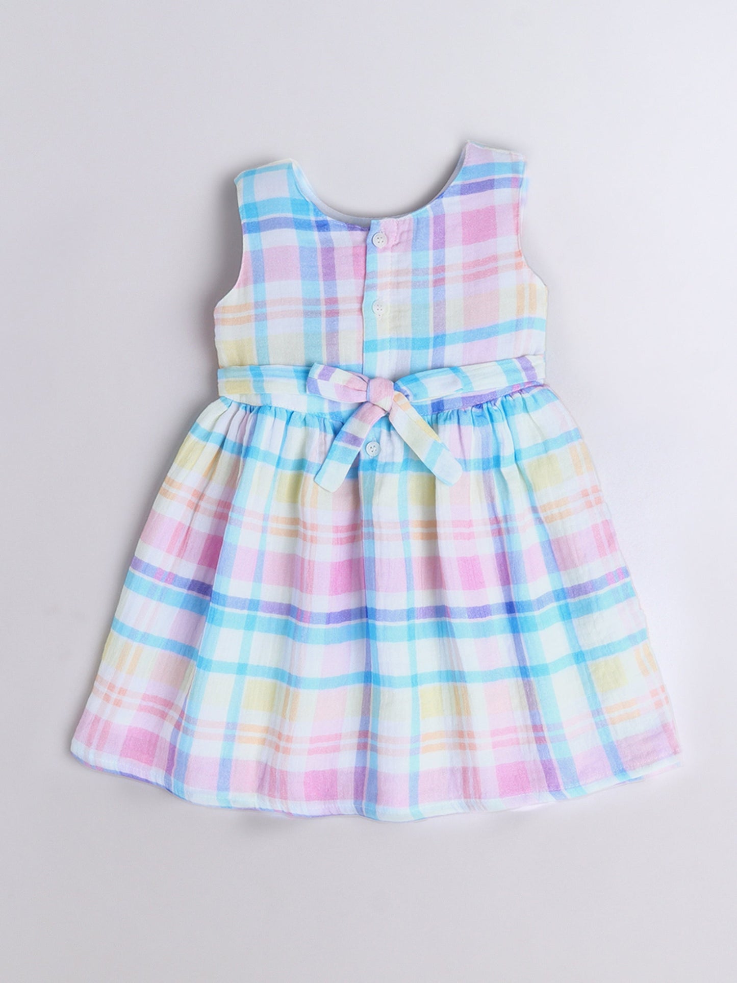 The Magic Wand Cotton Checks Printed Sleeveless Bow Detail Dress- Multi Color
