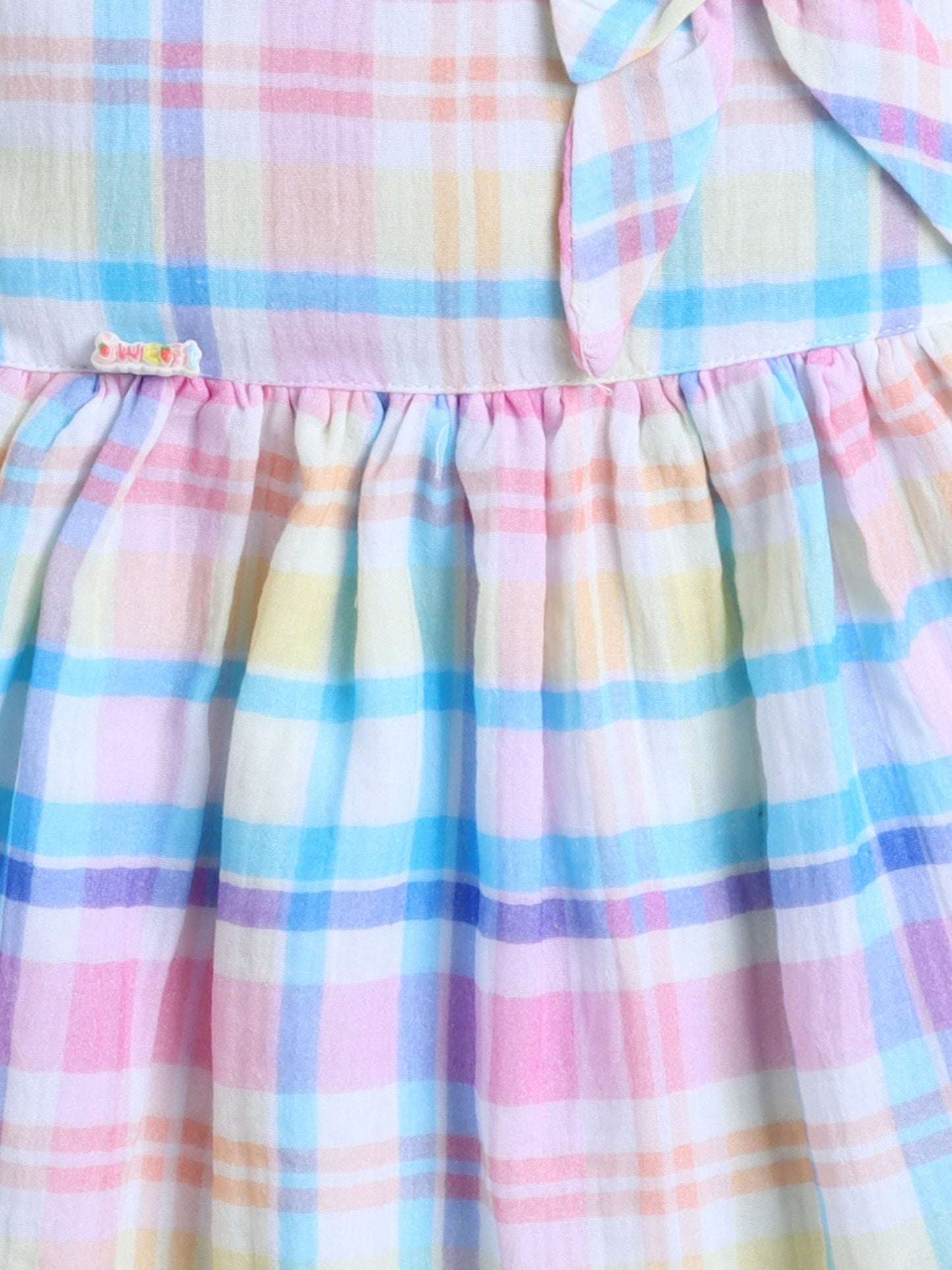 The Magic Wand Cotton Checks Printed Sleeveless Bow Detail Dress- Multi Color