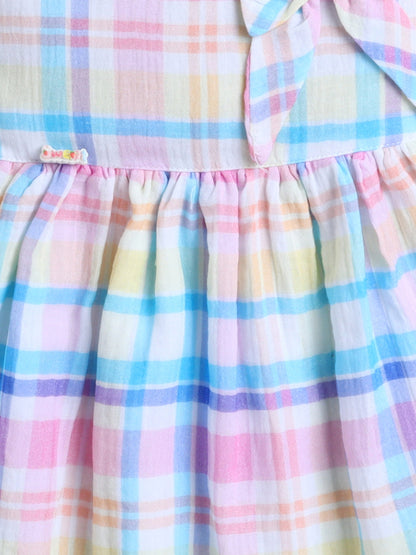 The Magic Wand Cotton Checks Printed Sleeveless Bow Detail Dress- Multi Color
