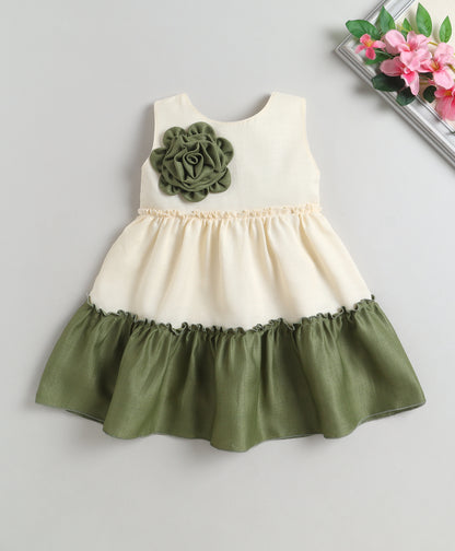 The Magic Wand Woven Sleeveless Tiered Dress With Flower Applique - Olive Green