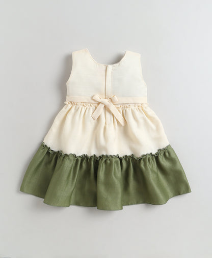 The Magic Wand Woven Sleeveless Tiered Dress With Flower Applique - Olive Green