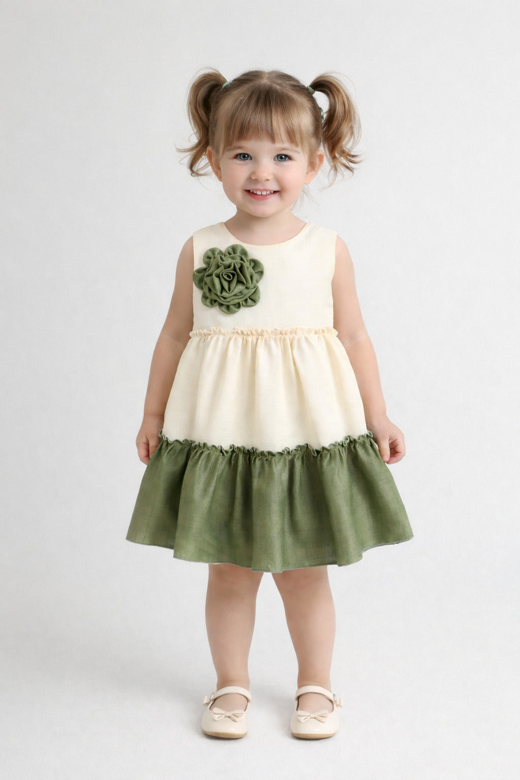 The Magic Wand Woven Sleeveless Tiered Dress With Flower Applique - Olive Green