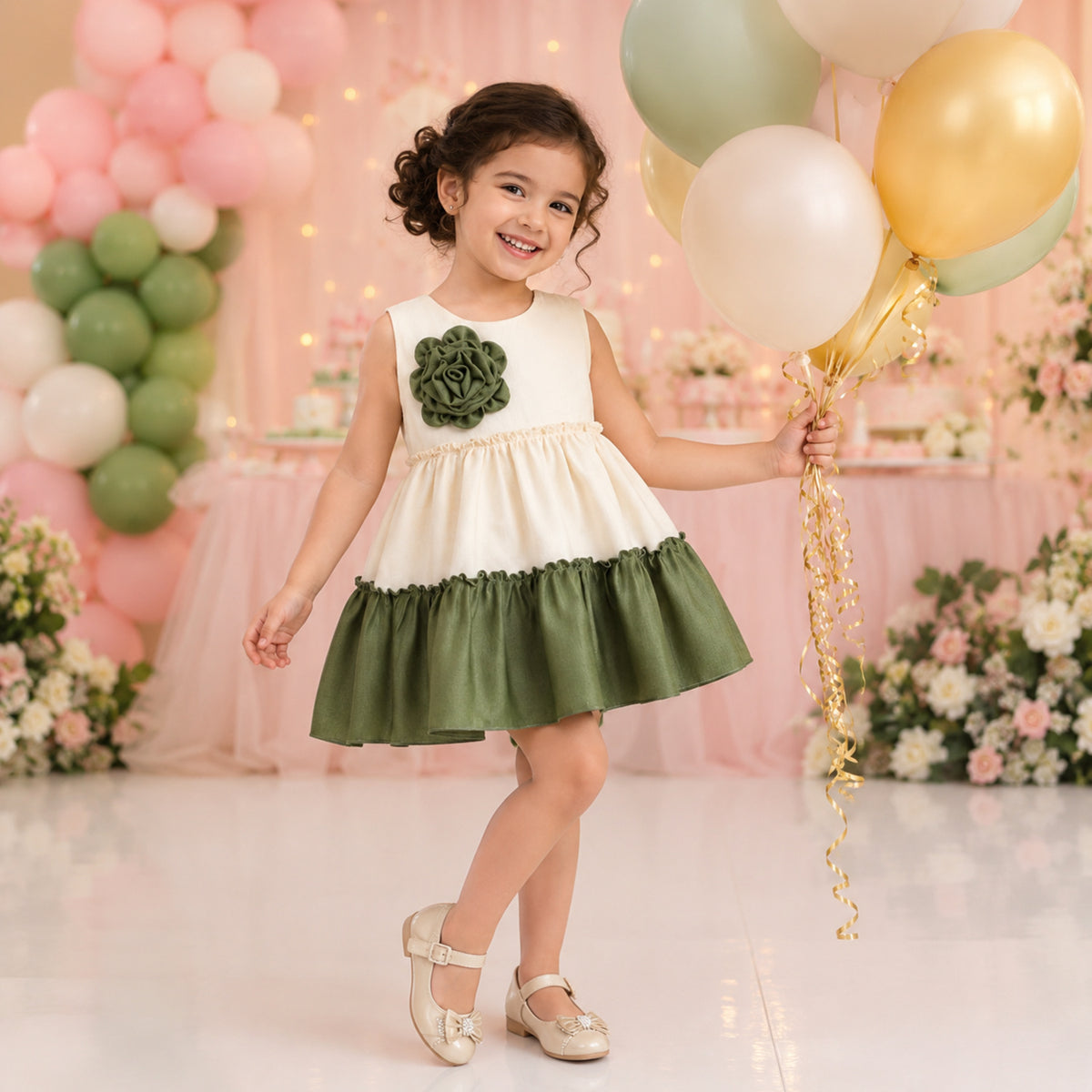 The Magic Wand Woven Sleeveless Tiered Dress With Flower Applique - Olive Green