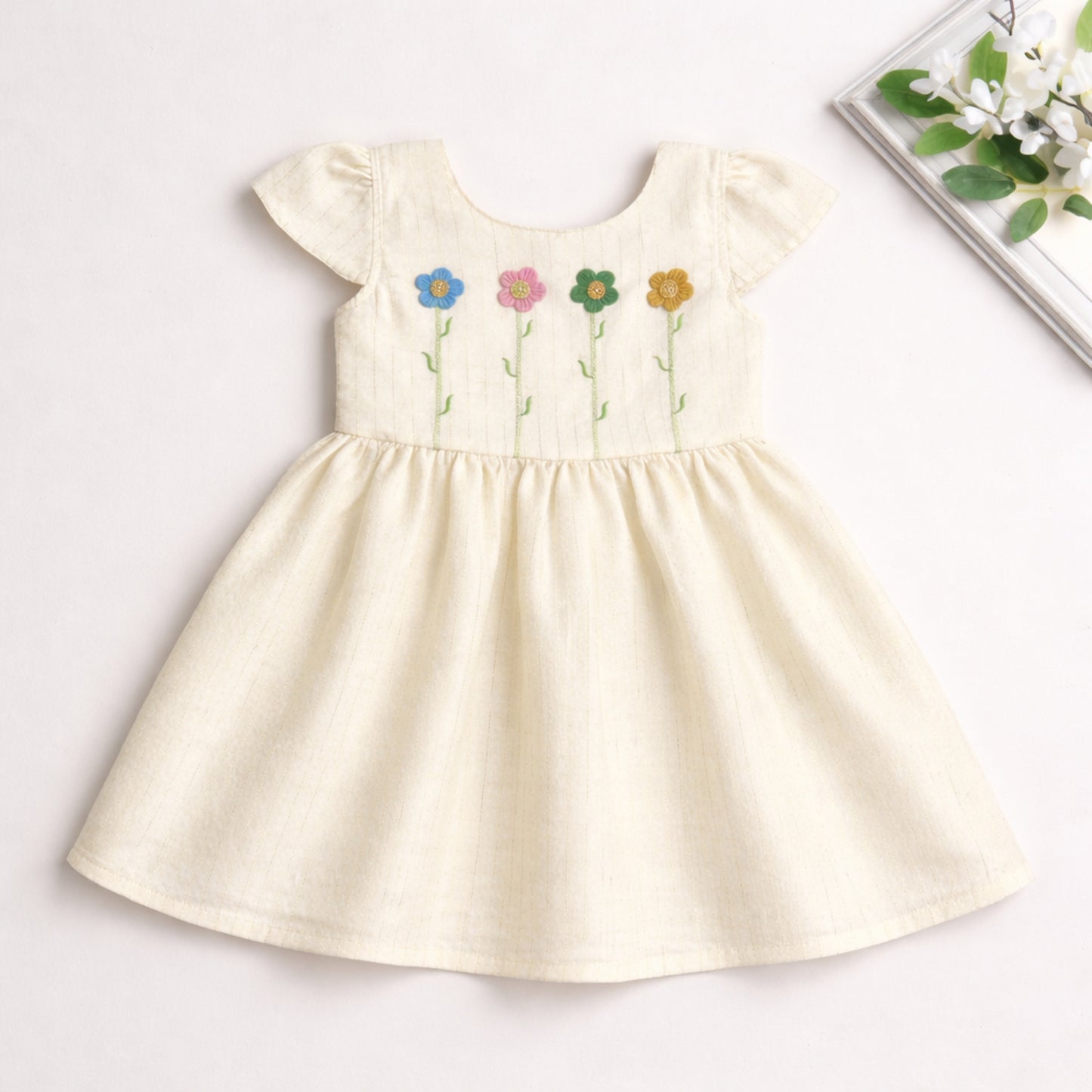The Magic Wand Woven Cap Sleevees Floral Embroidered Dress - Off White