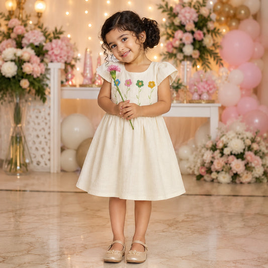 The Magic Wand Woven Cap Sleevees Floral Embroidered Dress - Off White