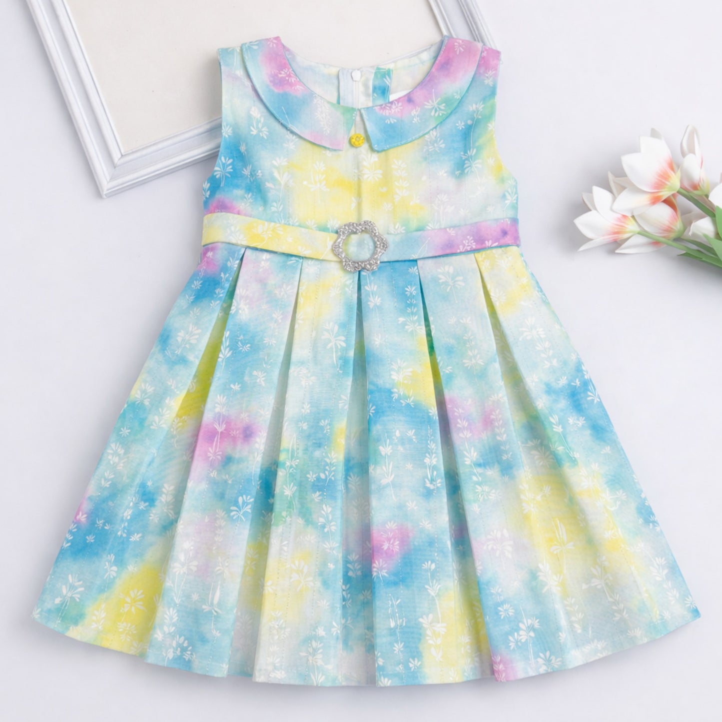 The Magic Wand Woven Sleeveless Watercolour Tie & Dye Floral Printed Dress - Blue
