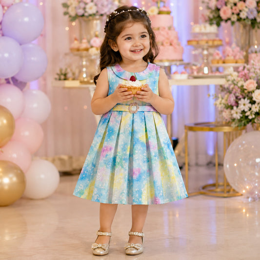 The Magic Wand Woven Sleeveless Watercolour Tie & Dye Floral Printed Dress - Blue