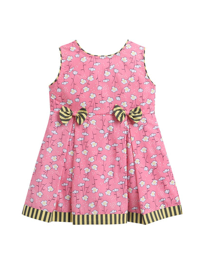 Pretty Floral Sleeveless Summer Dress With Contrast Stripe Band And Bow Detail-Pink