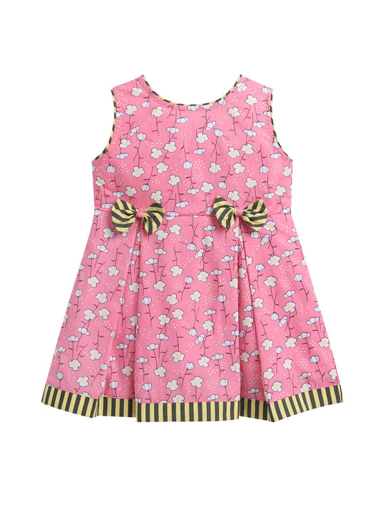 Pretty Floral Sleeveless Summer Dress With Contrast Stripe Band And Bow Detail-Pink