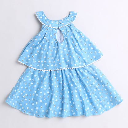 Incut Ditsy Floral Layerd Dress With Flared Hem & Corsage-Blue