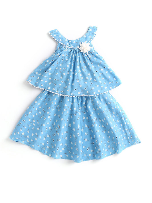 Incut Ditsy Floral Layerd Dress With Flared Hem & Corsage-Blue