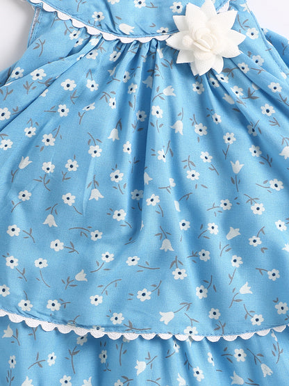 Incut Ditsy Floral Layerd Dress With Flared Hem & Corsage-Blue
