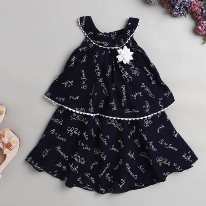 Incut Printed Layerd Dress With Flared Hem & Corsage Ric Rac Lace-Navy Blue