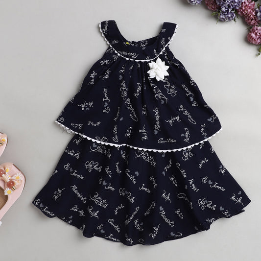 Incut Printed Layerd Dress With Flared Hem & Corsage Ric Rac Lace-Navy Blue