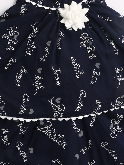 Incut Printed Layerd Dress With Flared Hem & Corsage Ric Rac Lace-Navy Blue