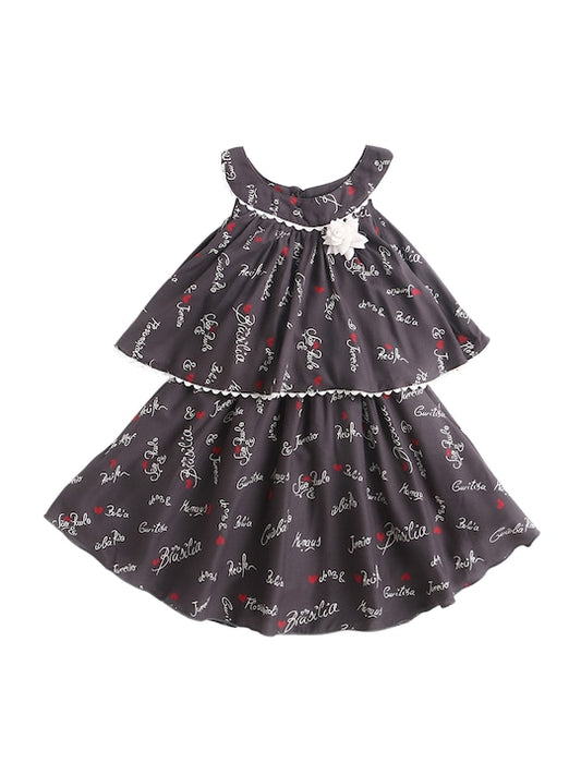 Incut Printed Layerd Dress With Flared Hem & Corsage Ric Rac Lace-Grey