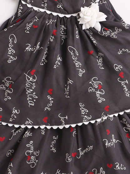 Incut Printed Layerd Dress With Flared Hem & Corsage Ric Rac Lace-Grey