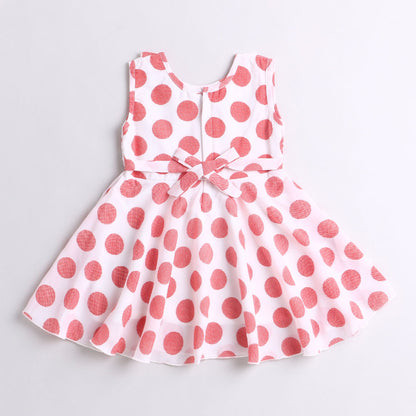 Bold Polka Smocked Waist Flared Hem Dress With Corsage-Peach