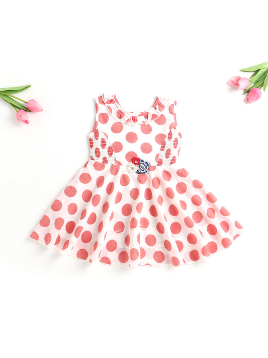 Bold Polka Smocked Waist Flared Hem Dress With Corsage-Peach