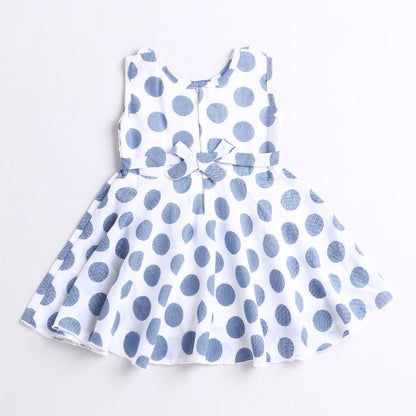 Bold Polka Smocked Waist Flared Hem Dress With Corsage-Blue