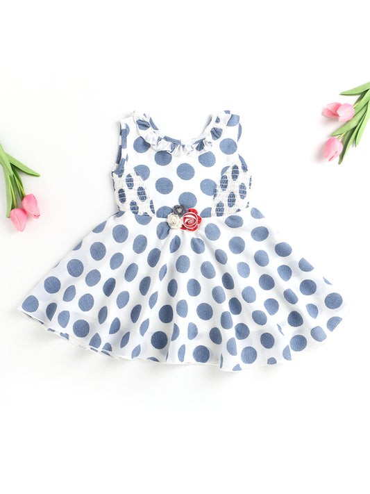 Bold Polka Smocked Waist Flared Hem Dress With Corsage-Blue