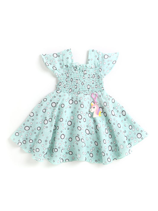 Short Sleeves Floral Print Dress With Unicorn Dangler - Green