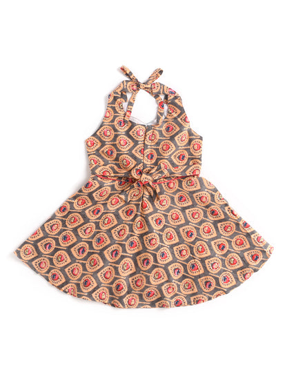 Halter Neck Printed Rayon Flared Hem Dress With Dangler Tassel -Peach