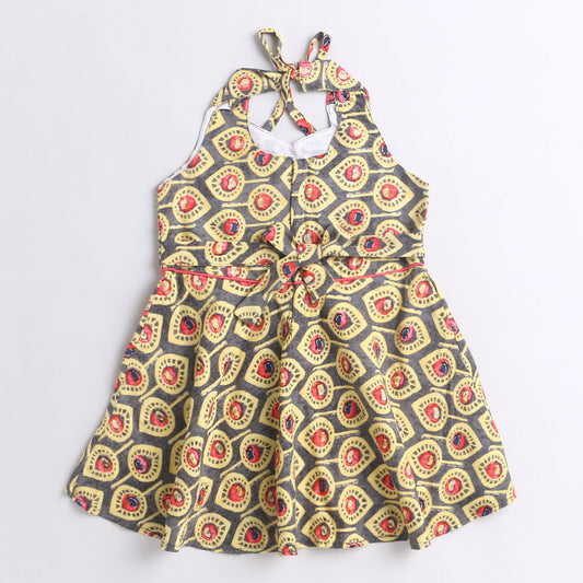 Halter Neck Printed Rayon Flared Hem Dress With Dangler Tassel -Yellow
